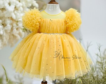 Robe en tulle scintillant or jaune, robe en tulle pour bébé fille, robe pour tout-petit avec étoiles, robe de premier anniversaire, robe pour séance photo pour tout-petit