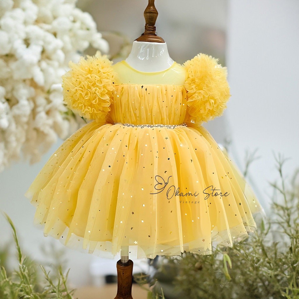 Yellow gold sparkle tulle dress, tulle dress baby toddler girl, toddler dress with stars, first birthday dress, toddler photoshoot dress