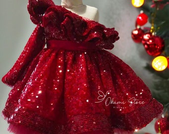 Vestido hinchado de bebé con lentejuelas rojas granates, vestido de niña pequeña, vestido de tutú navideño, vestido de fiesta para niños pequeños, vestido de niña de Navidad, vestido de 1er cumpleaños