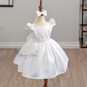 Satin Flower girl dress, V Back White Pearl Mid calf length Girl Dress, Satin Lace flower girl dress, Rustic flower girl dress,Communion zdjęcie 9