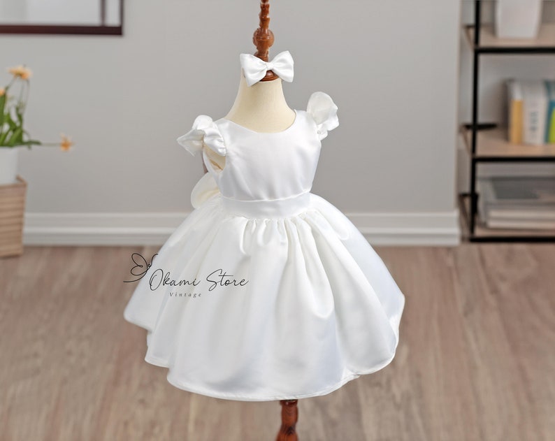 Satin Flower girl dress, V Back White Pearl Mid calf length Girl Dress, Satin Lace flower girl dress, Rustic flower girl dress,Communion zdjęcie 9