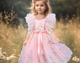 2024 Floral pearls flower girl dress for romantic garden wedding, Pastel Embroidered dress, Boho girl dress, Princess Frock with embroidery