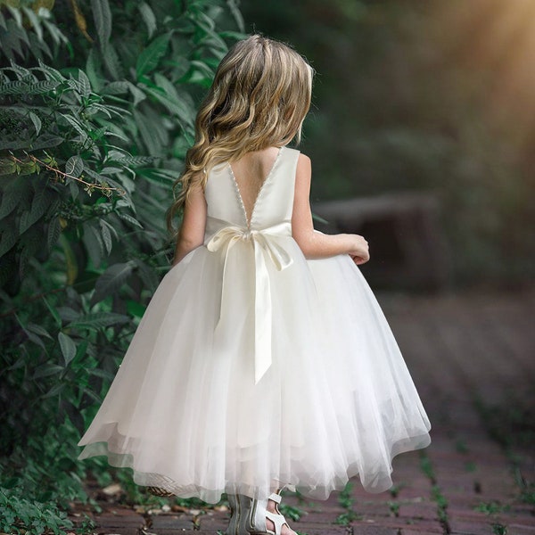 White flower girl dress, Elegant flower girl dress, pure white tulle dress, girls dress, first communion dress,baptism dress, blessing,ivory