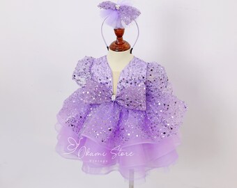 Lilac Sequined Baby Puffy Dress, Lavender Toddler Girl Birthday Tutu Dress, Pastel Purple Party Dress, Flower Girl Dress, 1st Birthday Dress