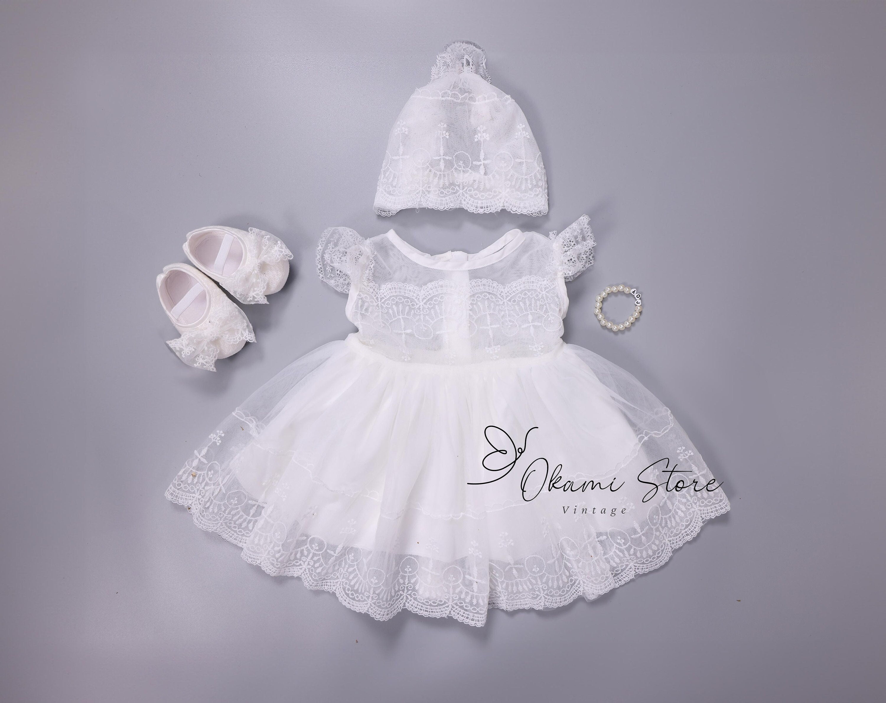 4 Piece Set Baby Girls Lace Baptism Christening Dress with Matching Bonnet and Headband, Baby Girls Lace Dress, Baby Girls Christening Dress