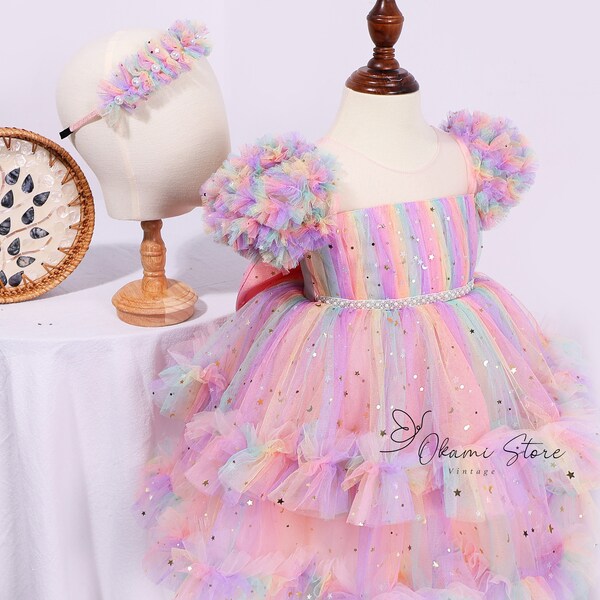 Rainbow tulle dress, tulle dress baby toddler girl, Toddler dress with stars, First birthday dress, Toddler photoshoot dress, Unicorn dress