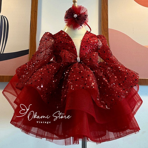 Robe bouffante bébé pailletée rouge bordeaux, robe pour petite fille, robe tutu des fêtes, robe de soirée pour bambin, robe de fille de Noël, robe 1er anniversaire