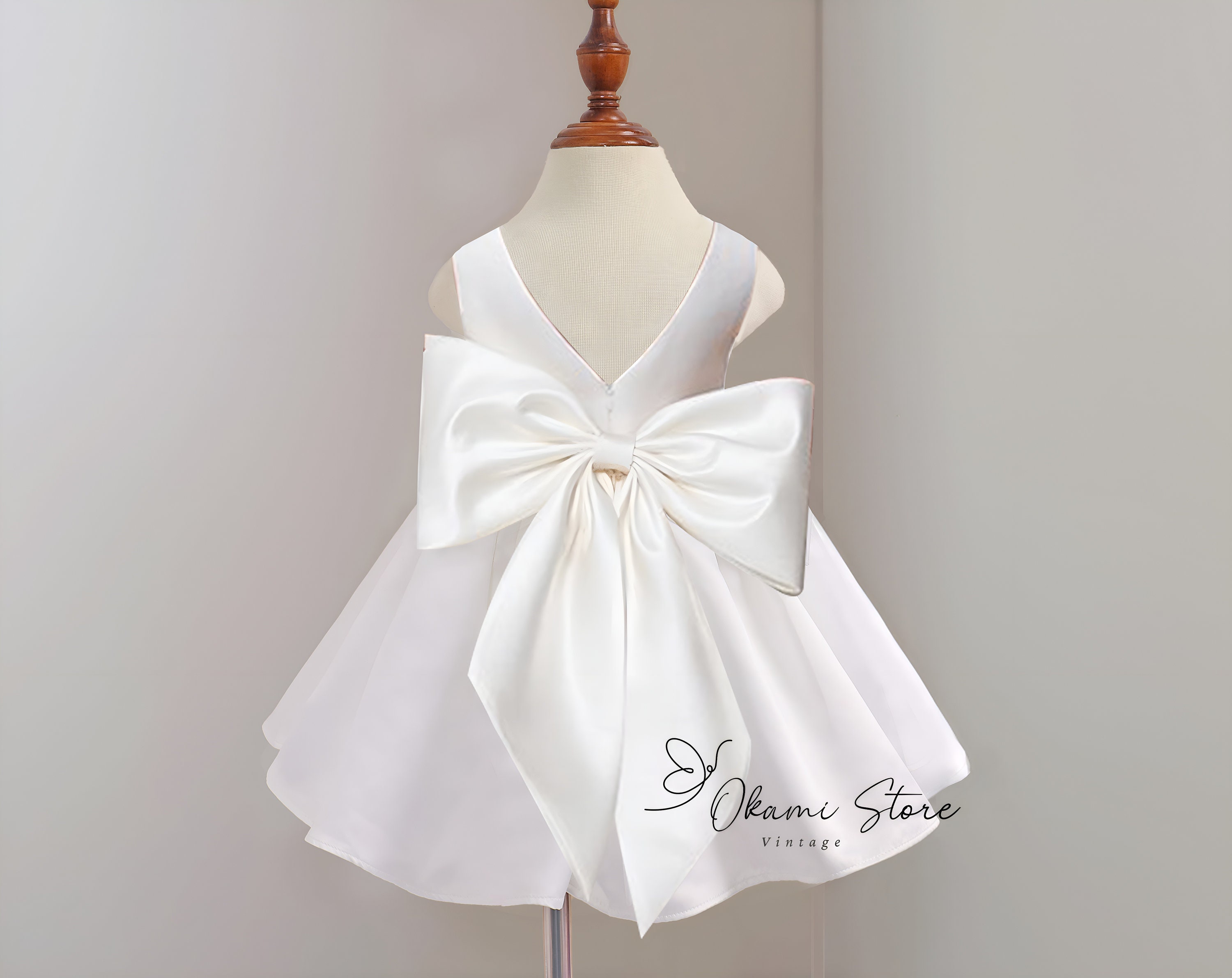 Off White satin flower girl dress big bow, toddler wedding dress, junior bridesmaid girl dress for wedding party, baptism christening dress