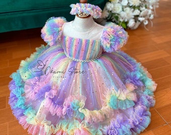 Vestido de tul arco iris, vestido de tul niña pequeña, vestido de niño con estrellas, vestido de primer cumpleaños, vestido de sesión de fotos para niños pequeños, vestido de unicornio