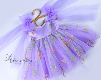 Lilac 4 layers Flower Girl Dress Tutu Flower Party Dress, Lavender Enchanted Rose Fairy Floral Embroidery Dress, Tulle Dress, First Birthday