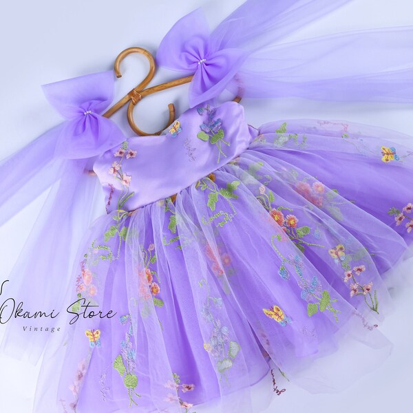 Lilac 4 layers Flower Girl Dress Tutu Flower Party Dress, Lavender Enchanted Rose Fairy Floral Embroidery Dress, Tulle Dress, First Birthday