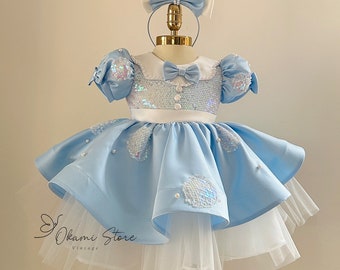 Robe pour enfant en bas âge avec souris Blue Ears | Déguisement oreilles souris bébé fille | Robe souris parc à thème | Robe de vacances d'été souris rose | Robe 1er anniversaire.