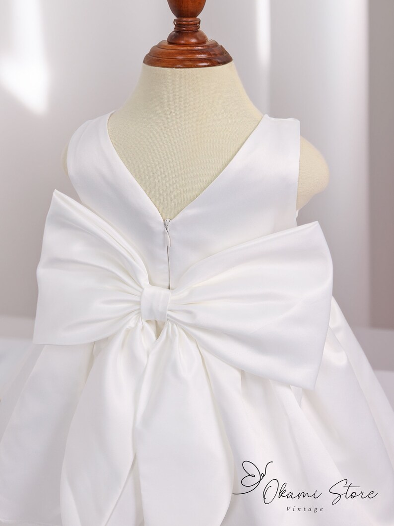 Off White satin flower girl dress big bow, toddler wedding dress, junior bridesmaid girl dress for wedding party, baptism christening dress Light IvoryHighVBack