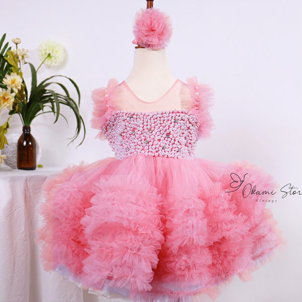 Dusty Pink Puffy Tulle Dress for Little Girls, Blush Tutu Dress for Pageant, Babies, Pearl Embroidered Baby Dress with Tulle Skirt Toddler