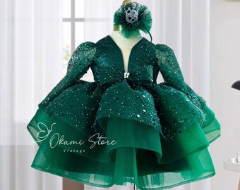 Hunter Green Sequined Baby Puffy Dress, Toddler Girl Dress, Holiday Tutu Dress, Baby Party Dress, Christmas Girl Dress, 1st Christmas Dress