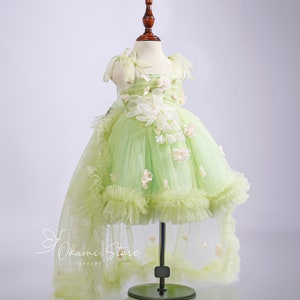 Elegant sage green With Long Train Dress Enchanted Rose Fairy Floral Spring Embroidered Tulle Flower Girl Tutu Flower Style Party Dresses