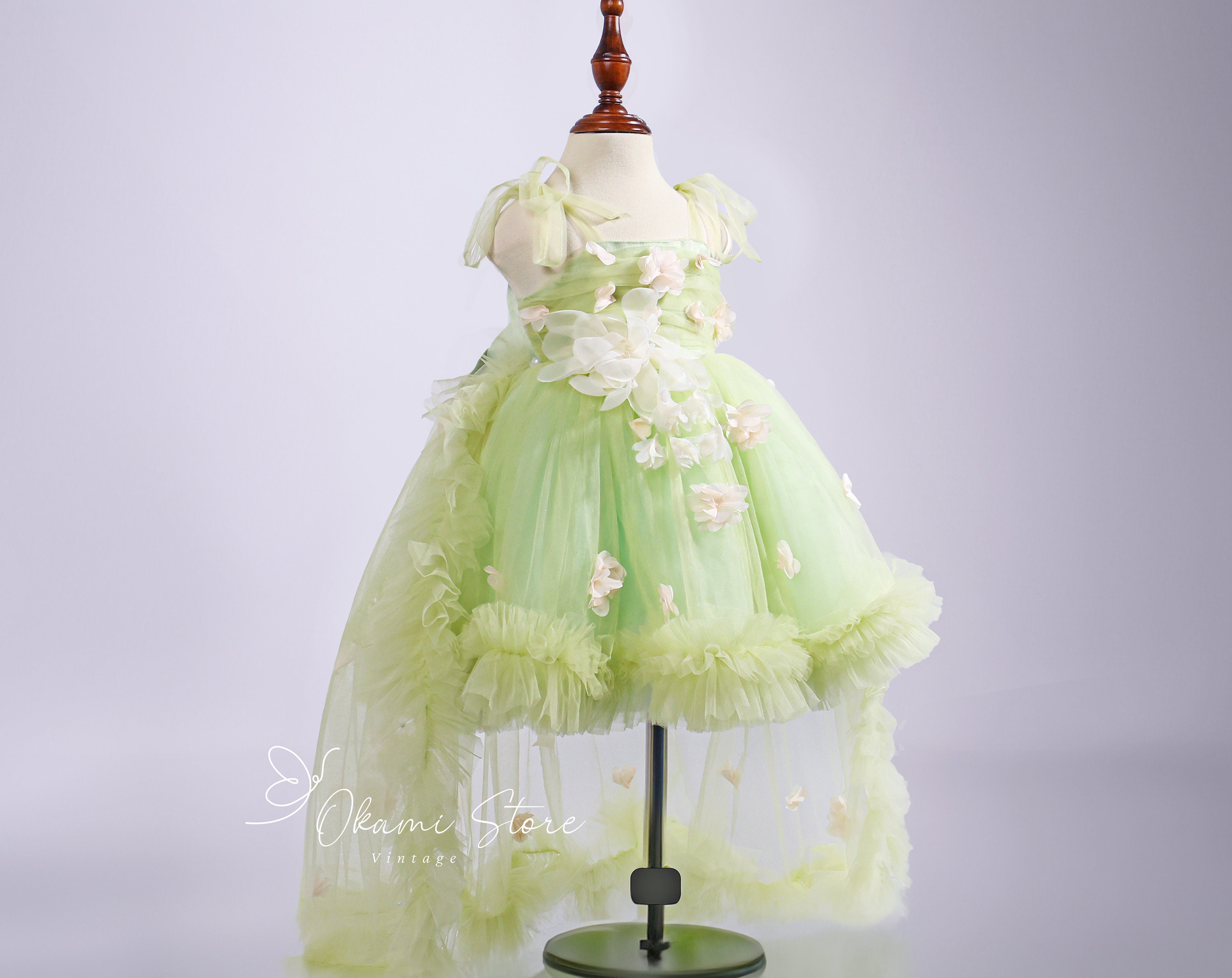 Elegant sage green With Long Train Dress Enchanted Rose Fairy Floral Spring Embroidered Tulle Flower Girl Tutu Flower Style Party Dresses