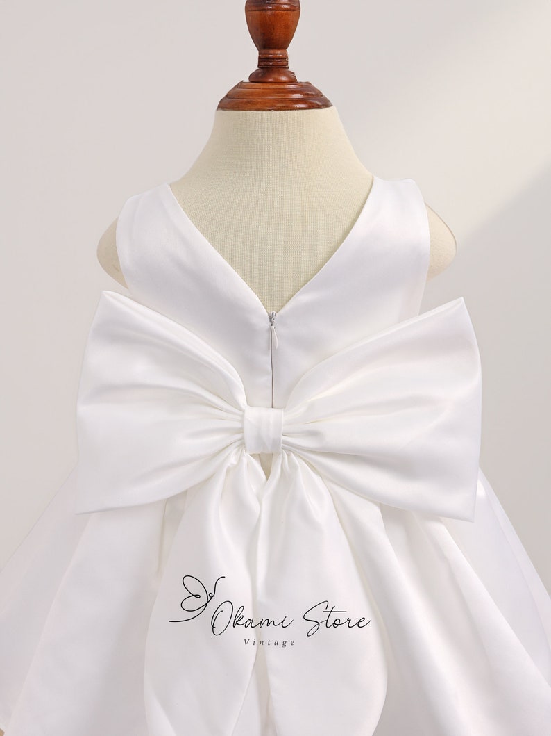 Robe de demoiselle d'honneur en satin blanc cassé gros noeud, robe de mariée pour tout-petits, robe de demoiselle d'honneur junior pour fête de mariage, robe de baptême image 8