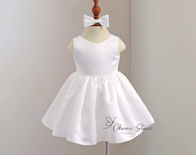 Off White satin flower girl dress big bow, toddler wedding dress, junior bridesmaid girl dress for wedding party, baptism christening dress image 3