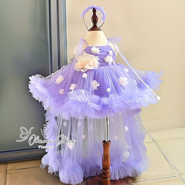 Lavender dress With Long Train| Girls Tulle Flower Baby Dress | Girl 1st Birthday Party Outfit | Baby Girl Clothes | Fluffy Baby Tulle Dress