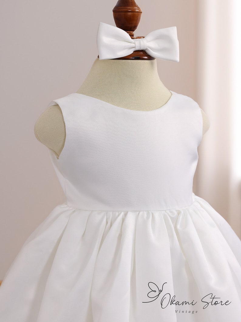 Off White satin flower girl dress big bow, toddler wedding dress, junior bridesmaid girl dress for wedding party, baptism christening dress image 7