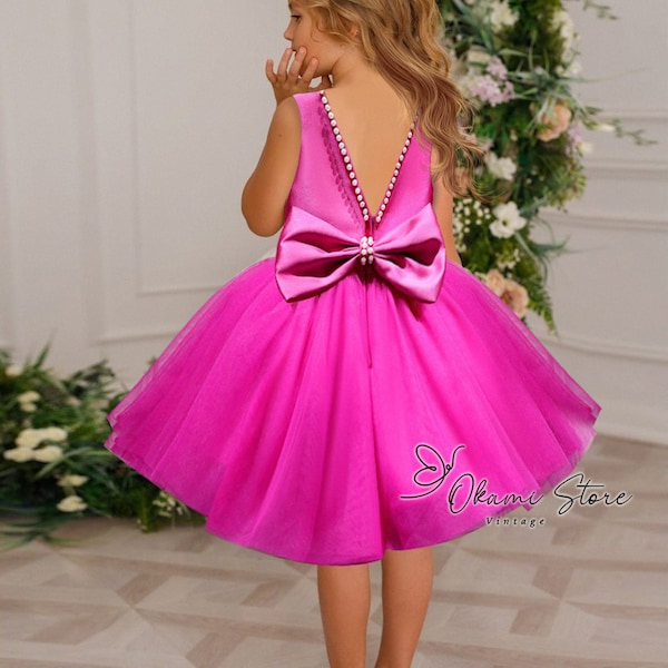 4 layers Hot Pink Dress Baby Girl Dress, Satin Dress Tulle Dress, Pearls Dress, Flower Girl Dress, Tutu Party Dress Birthday Dress Toddler