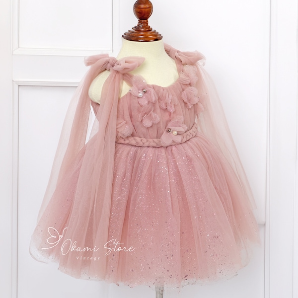 Rose gold twinkle butterfly tulle baby girl dress, lilac birthday girl dress, wedding baby dress, photoshoot party baby dress, ball gown