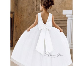 Ivory 4 Layer Pearl Tulle V-Back Ankle Length Wedding Flower Girl Summer Easter Elegant Birthday Photoshoot Trendy Communion Baptism Dress