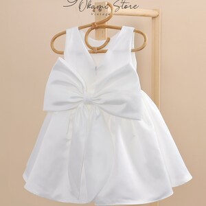 Off White satin flower girl dress big bow, toddler wedding dress, junior bridesmaid girl dress for wedding party, baptism christening dress image 10