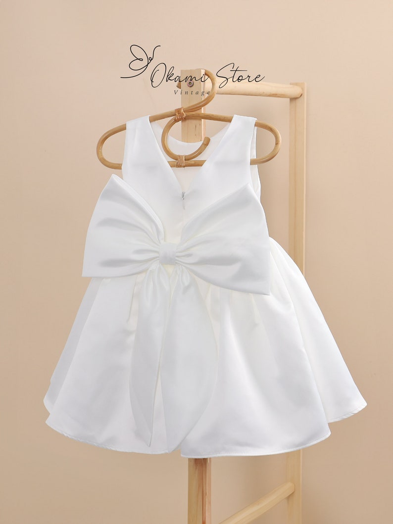 Off White satin flower girl dress big bow, toddler wedding dress, junior bridesmaid girl dress for wedding party, baptism christening dress image 10