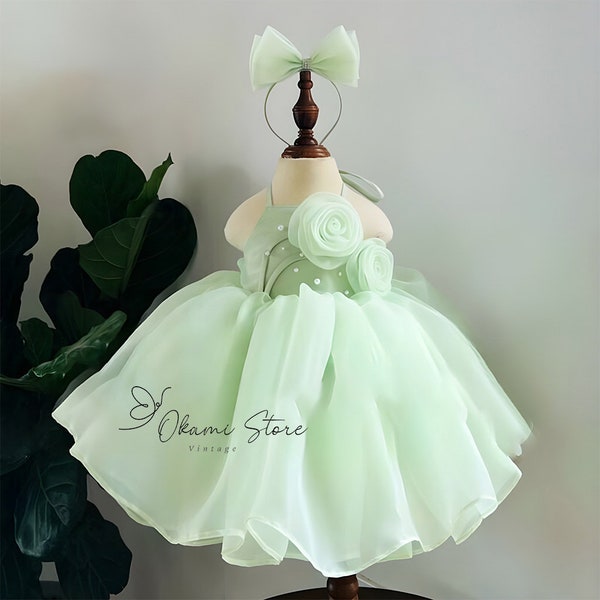 Pastel Green Girl Dress, Party Tulle Dress, Baby Birthday Dress, Toddler Girl Dress, Princess Girl Dress, Tutu Girl Dress, Occasion Dress