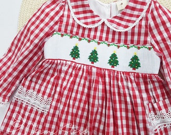 Smocked Christmas Tree Dress Plaid long sleeves | Vintage Style| Holiday| Bishop Dress| Baby Girl| Heirloom Dress| Santa Dress short sleeves