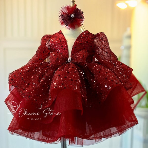 Maroon red Sequined Baby Puffy Dress, Toddler Girl Dress, Holiday Tutu Dress, Toddler Party Dress, Christmas Girl Dress, 1st Birthday Dress