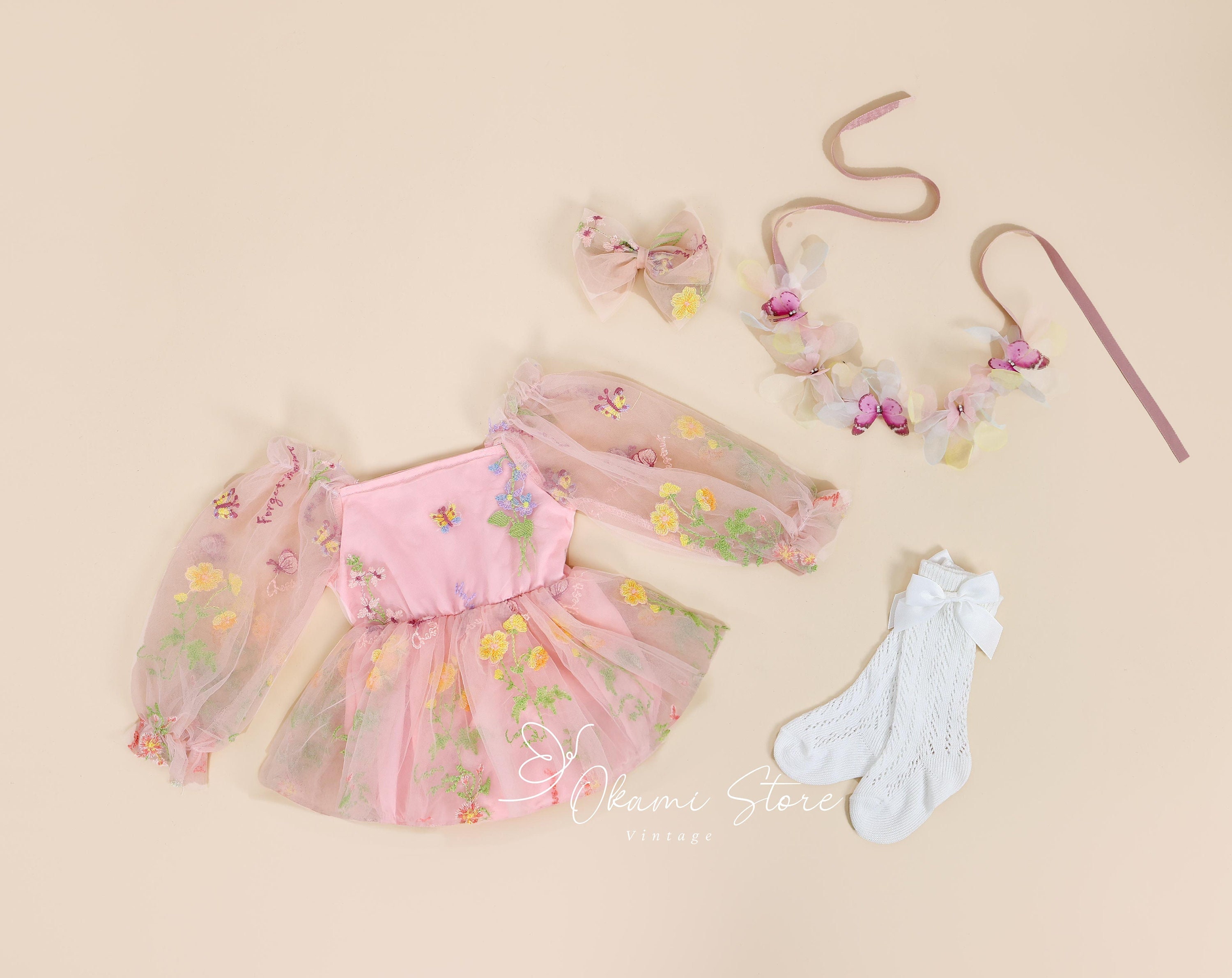 Elegant light pink long sleeves Enchanted Rose Fairy Floral Spring Embroidered Tulle Romper Flower Girl Tutu Flower Style Party pastel color