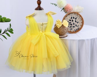 Yellow baby girl bow dress. Baby party dress. 1st birthday dress baby girl, yellow princess dress, yellow puffy dress, yellow toddler dress