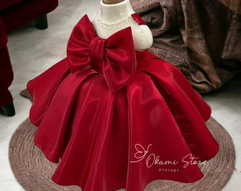 2024 NOUVEAU Robe de Noël rouge | Robe bébé en tulle duveteux | Robe d'anniversaire avec perles en satin | Cadeau pour bébé fille | Robe bébé scintillante rouge en satin