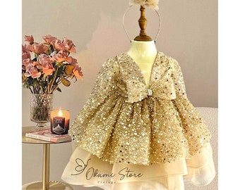 Gold Sequin Ribbon Baby Girl Wedding Dress, Birthday Pearl Stone Tutu Dress, Birthday Outfit, Princess Style Dress, Puffy Dress,Tulle Dress