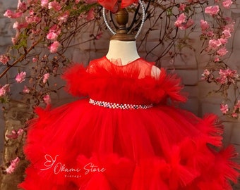 Red christmas baby dress | Satin Tulle Dress With Pearls | Girl 1st Birthday Outfit | Handmade Personalized Baby Dress | Baby Girl Clothes|