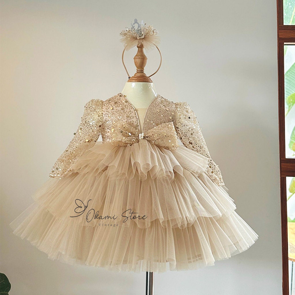 Gold Sequin Ribbon Baby Girl Wedding Dress, Birthday Pearl Stone Tutu Dress, Birthday Outfit, Princess Style Dress, Puffy Dress,Tulle Dress