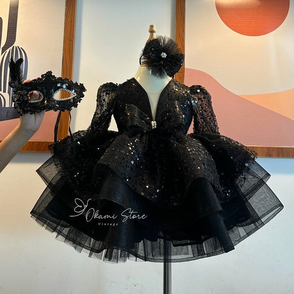 Black Sequined Baby Puffy Dress, Toddler Girl Dress, Black Birthday Tutu Dress, Toddler Party Dress, Flower Girl Dress, 1st Birthday Dress