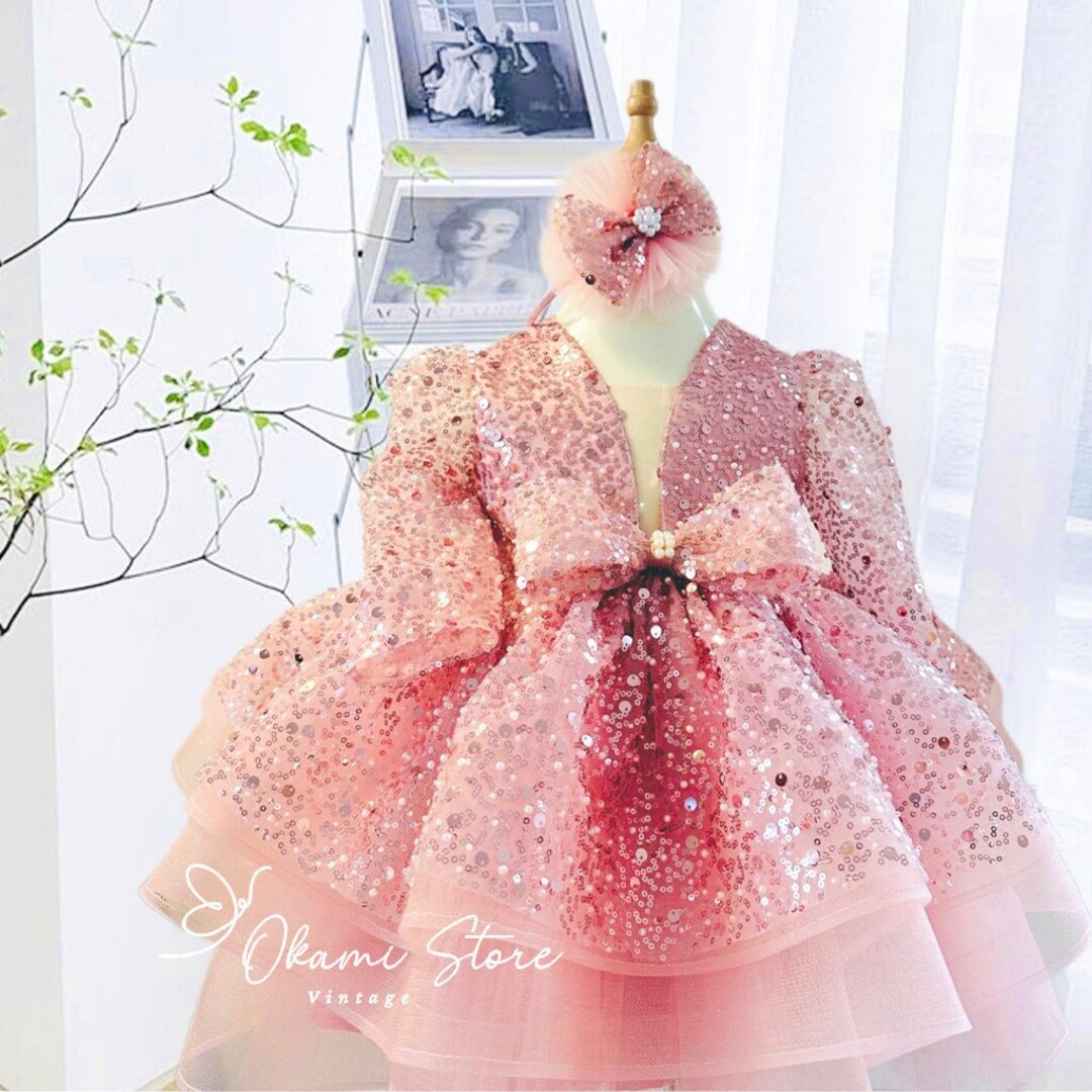 Dusty Pink Sequined Baby Puffy Dress, Toddler Girl Dress, Birthday Tutu