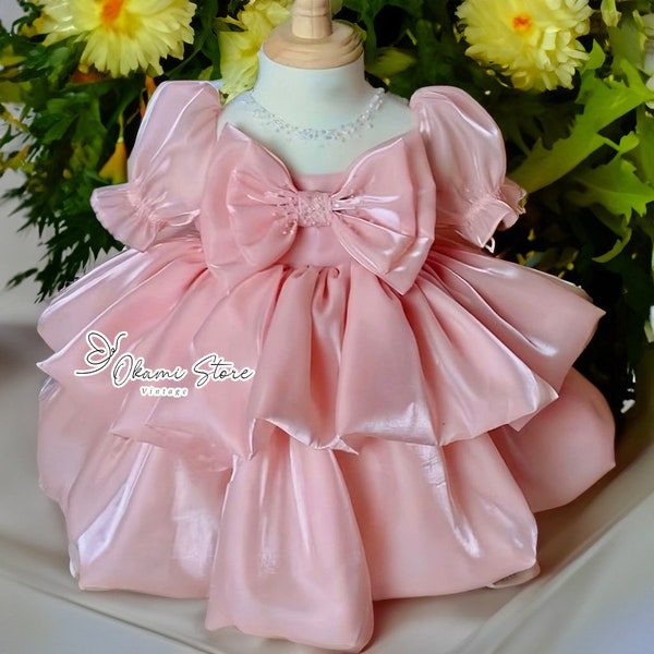 Dusty pink organza Flower girl dress, Puff sleeves Tulle Girl Dress, Baby Rose flower girl dress, Rustic flower girl dress, Communion dress