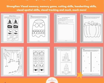 Halloween Scissor Skills, Visual Memory, Pediatric School Based OT Worksheets, Memory Game, Pre K School Fine Motor Matching Worksheets