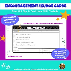 Pode incluir: Cartões de incentivo roxos e brancos com o texto "ENCOURAGEMENT/KUDOS CARDS" e "Shout Out Slips to Send Home With Students." Os cartões incluem um "SHOUTOUT SLIP" com seções para preencher para o reconhecimento dos alunos. O design apresenta estrelas e a frase "Vamos celebrar o trabalho árduo dos nossos alunos."