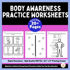May include: Body Awareness Practice Worksheets digital download featuring 20+ pages in 8.5 inch by 11 inch format. The black and white printable sheets include exercises with children, butterflies, and a human figure for labeling body parts.