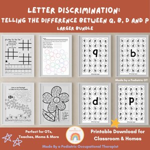 May include: A printable worksheet set for letter discrimination. The set includes four worksheets with different activities to help children learn to differentiate between the letters Q, B, D, and P. The worksheets feature a variety of activities, including tic-tac-toe, color by letter, and letter matching.