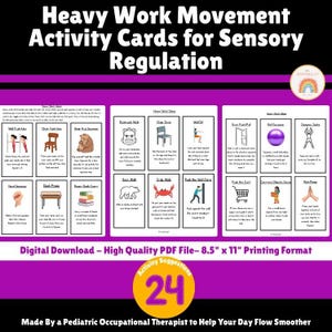 Puede incluir: Un conjunto de 24 tarjetas de actividades para la regulación sensorial, con ilustraciones de ejercicios como flexiones de pared, caídas de sillas y saltos. Las tarjetas son una descarga digital, impresas en papel de 21,6 x 27,9 cm.