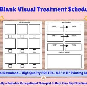 Könnte beinhalten: Zwei druckbare visuelle Behandlungspläne mit leeren Kästchen und Text. Der obere Text lautet "OT Blank Visual Treatment Schedules". Der untere Text lautet "Digitaler Download - Hochwertige PDF-Datei - 21,6 cm x 27,9 cm Druckformat".