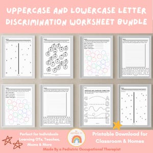 May include: A printable worksheet bundle for uppercase and lowercase letter discrimination. The worksheets feature various activities, including matching uppercase and lowercase letters, connecting letters with lines, and identifying letters in a word search. The worksheets are designed for individual use or in a classroom setting.