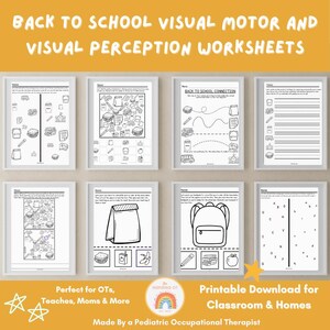 May include: Black and white printable worksheets for visual motor and visual perception skills. The worksheets feature images of a backpack, lunch bag, pencil, apple, and more. The title "Back to School Connection" is at the top of one of the worksheets.